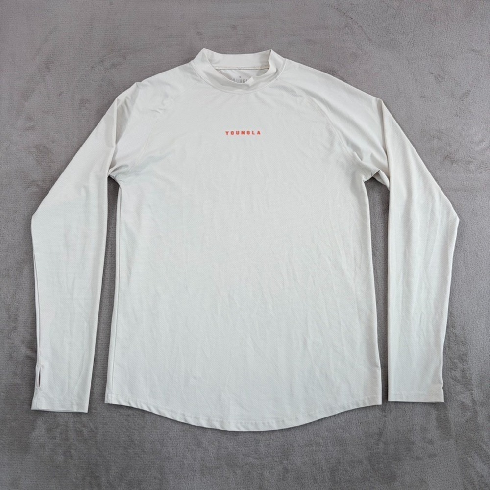 Young LA Performance Logo T Shirt Men Medium Off White Gym Hiking Training NWOT